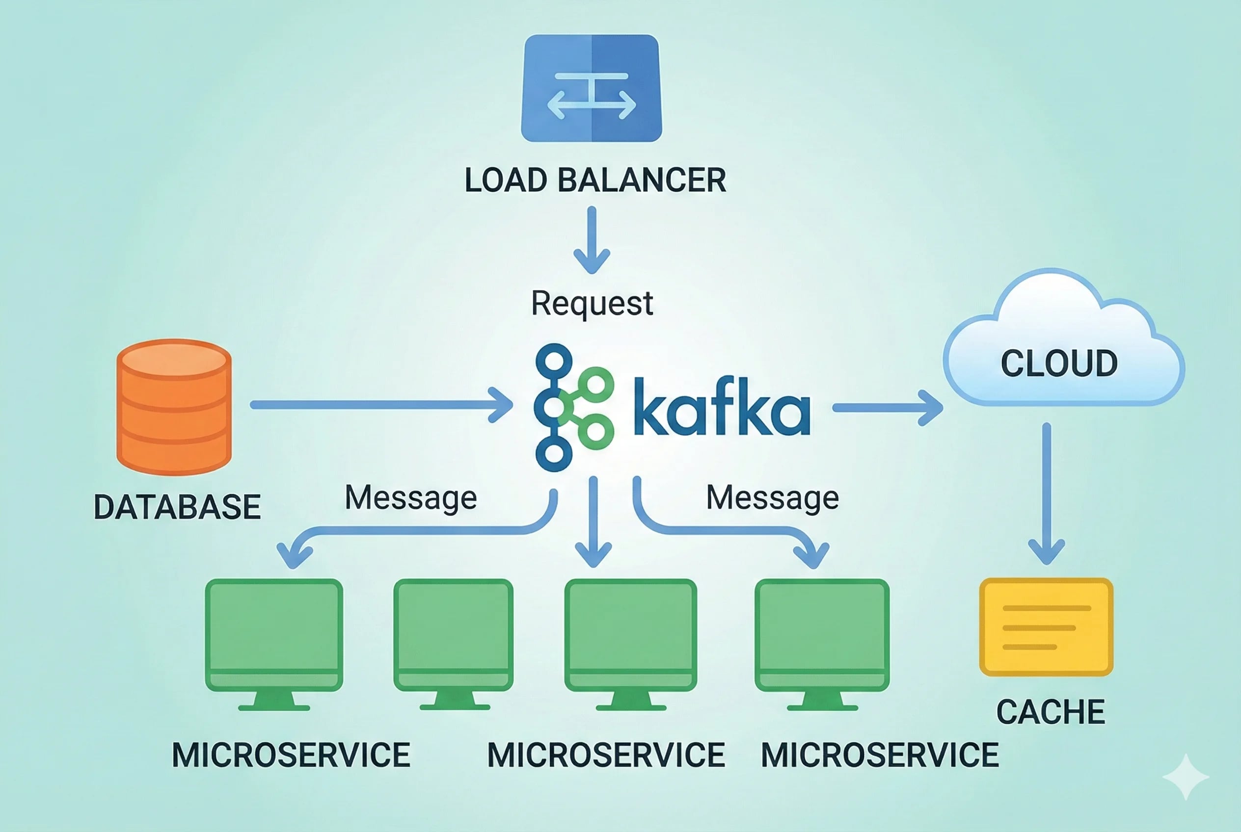 System Design Diagram showing Load Balancer, Kafka, Database, Cloud, Cache, and Microservices